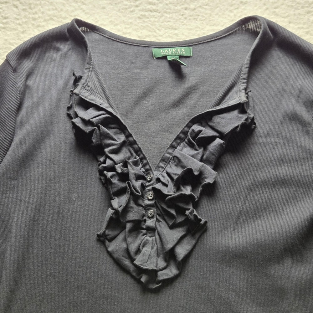 Lauren Ralph Lauren Blouse Womens Plus 2X Black V Neck 3/4 Sleeve Ruffle Top